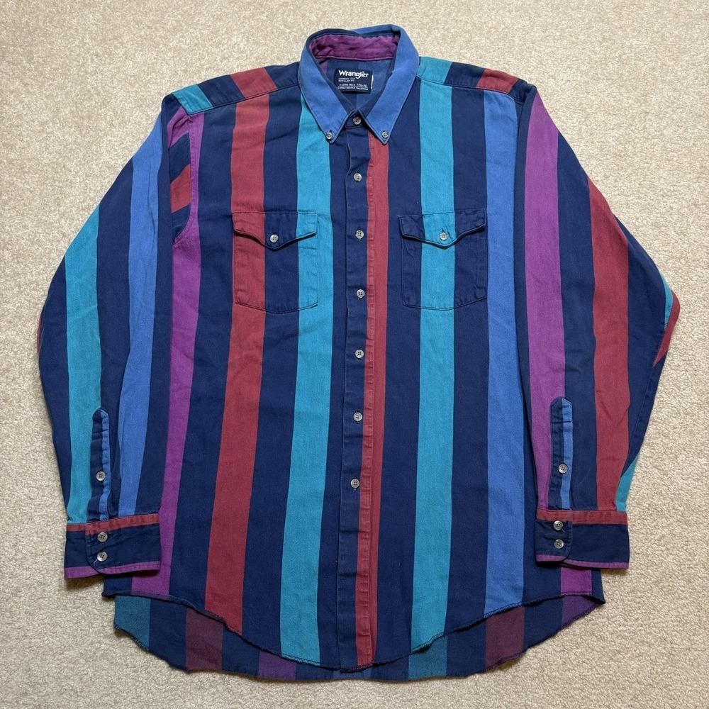 Vtg 90s Wrangler Shirt Mens XL Multicolor Striped Twill Western Rodeo Cowboy Cut